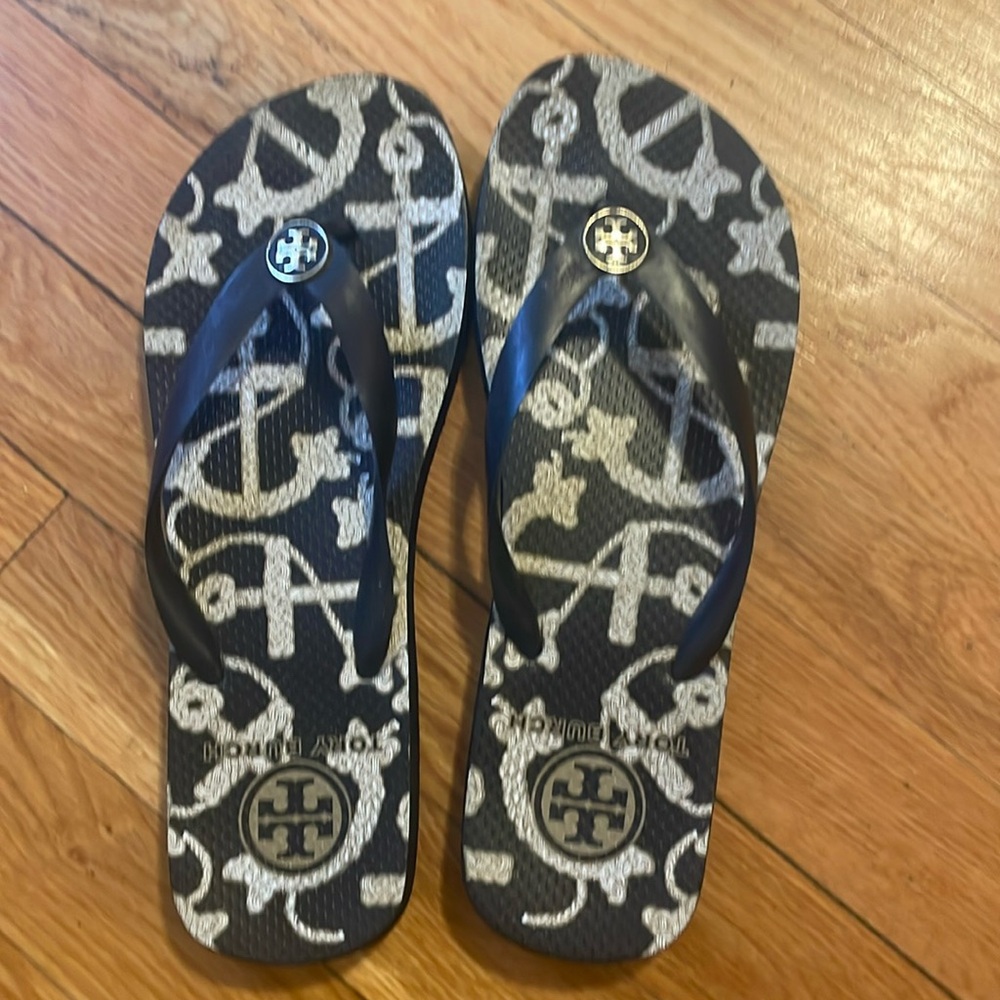 Tory Burch Navy Anchor Print Flip Flops